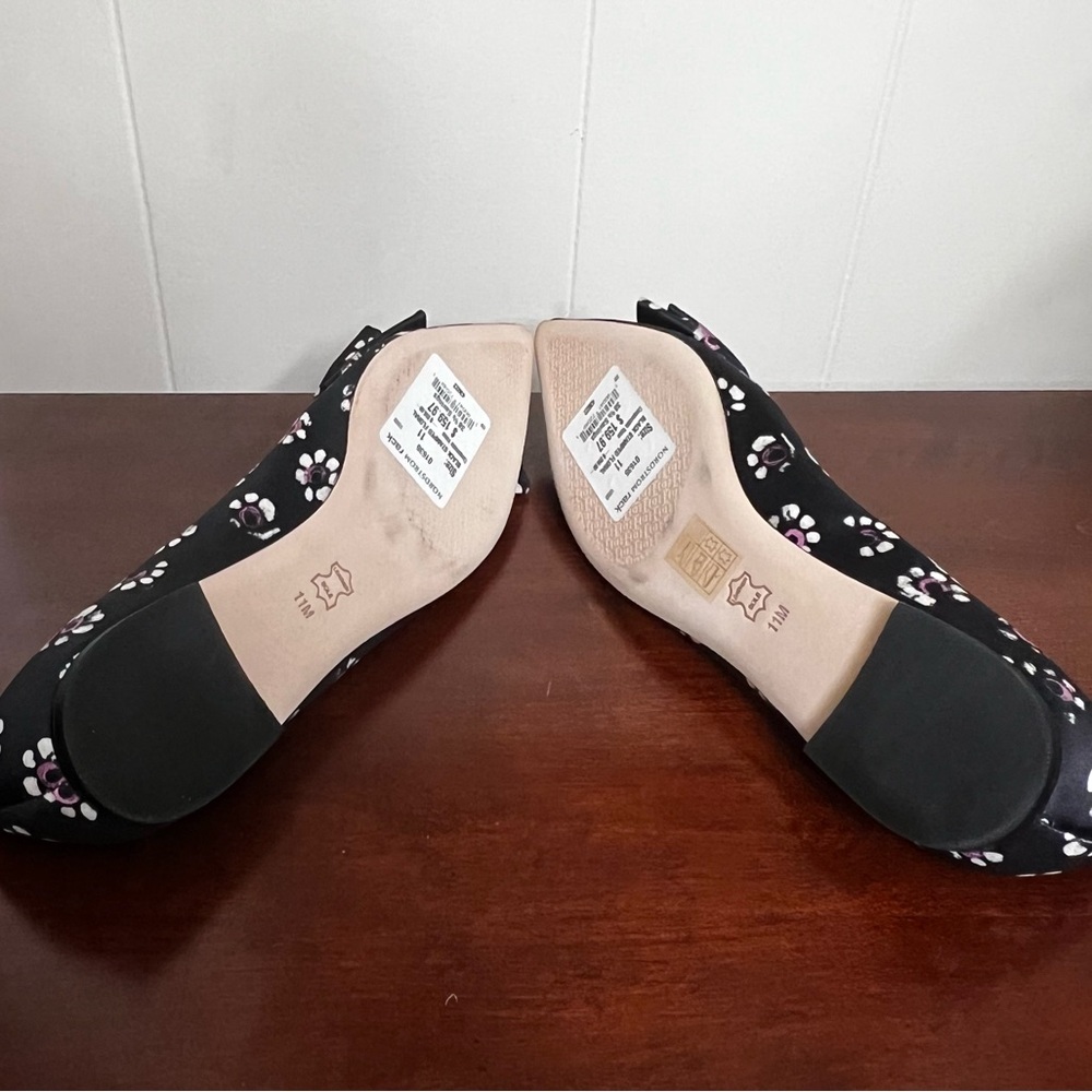 Tory Burch Ballet Flats Rosalind Black Floral Print Satin bow Size 11 NWT - Picture 10 of 11